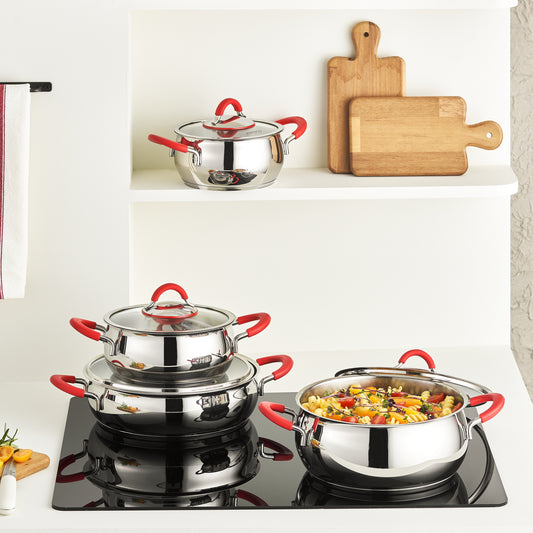 8 Piece Steel Cookware Set with Induction Base Silicone Handle Red